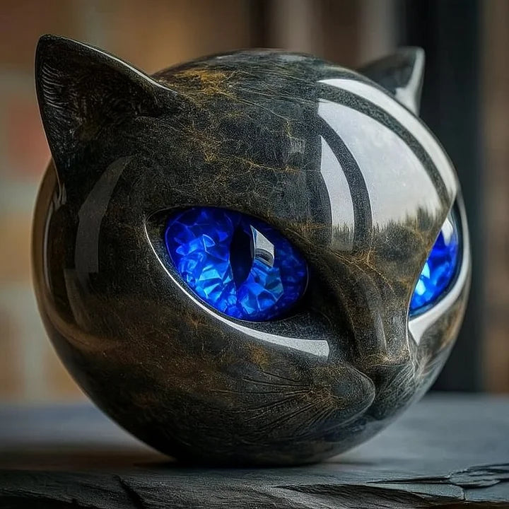 Cat Head Sculpture Glossy Marble-Look Hypnotic Eyes
