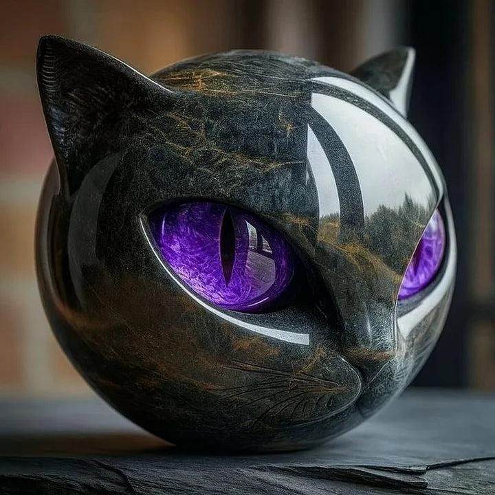 Cat Head Sculpture Glossy Marble-Look Hypnotic Eyes