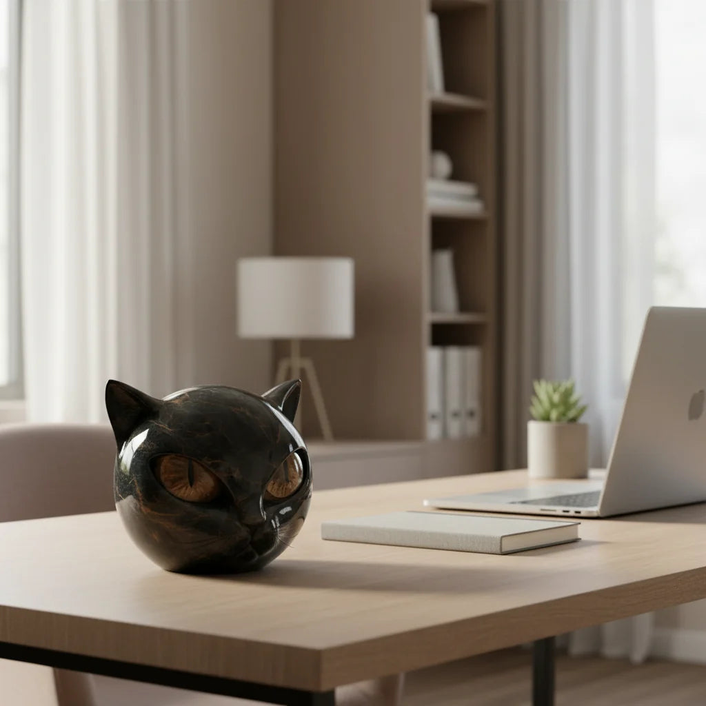 Cat Head Sculpture Glossy Marble-Look Hypnotic Eyes