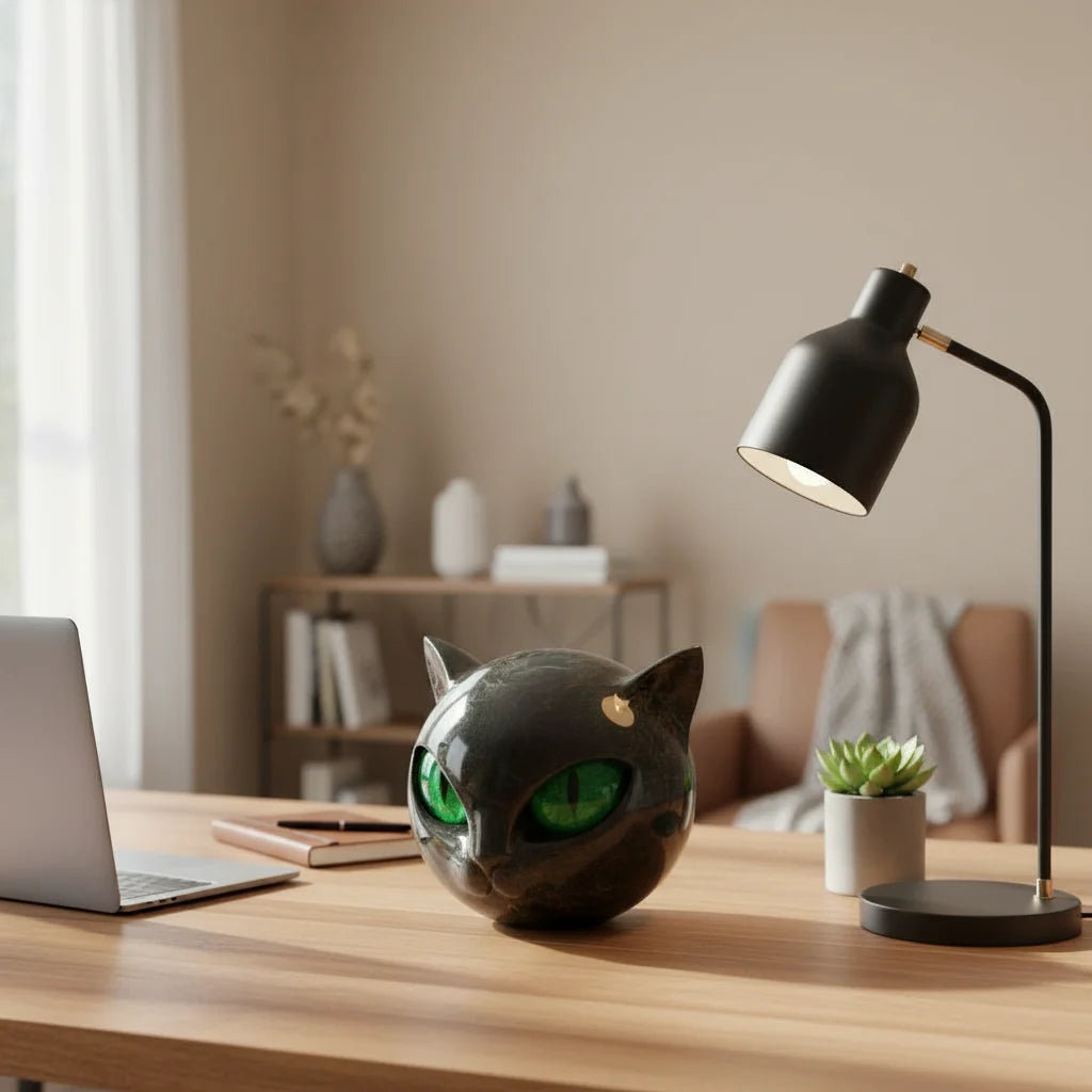 Cat Head Sculpture Glossy Marble-Look Hypnotic Eyes