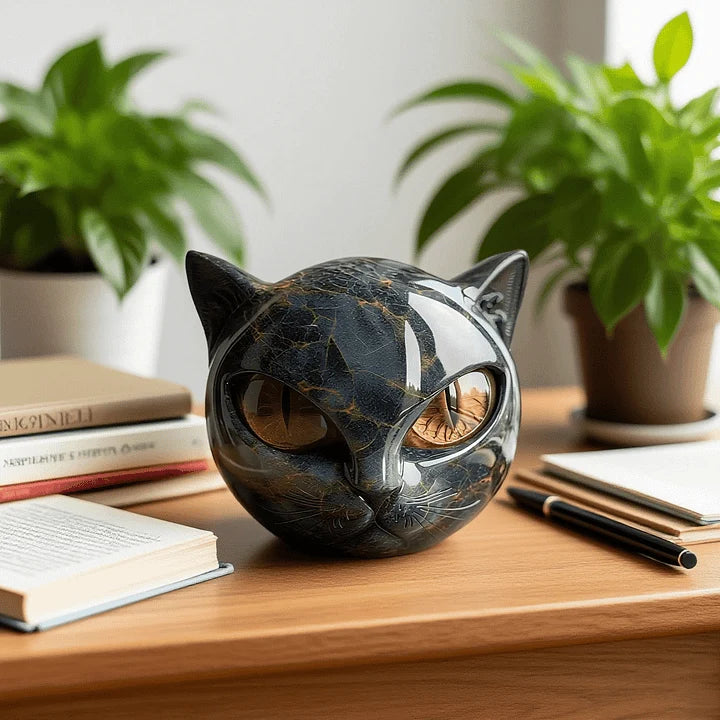 Cat Head Sculpture Glossy Marble-Look Hypnotic Eyes