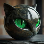 Cat Head Sculpture Glossy Marble-Look Hypnotic Eyes