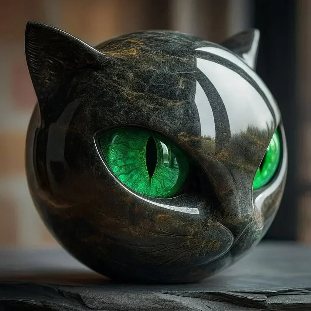 Cat Head Sculpture Glossy Marble-Look Hypnotic Eyes