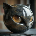 Cat Head Sculpture Glossy Marble-Look Hypnotic Eyes