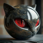 Cat Head Sculpture Glossy Marble-Look Hypnotic Eyes