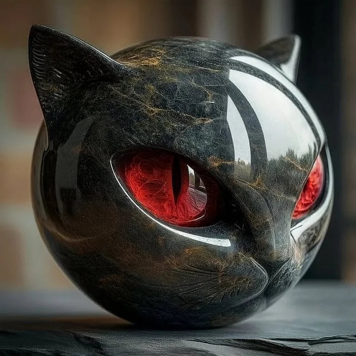 Cat Head Sculpture Glossy Marble-Look Hypnotic Eyes