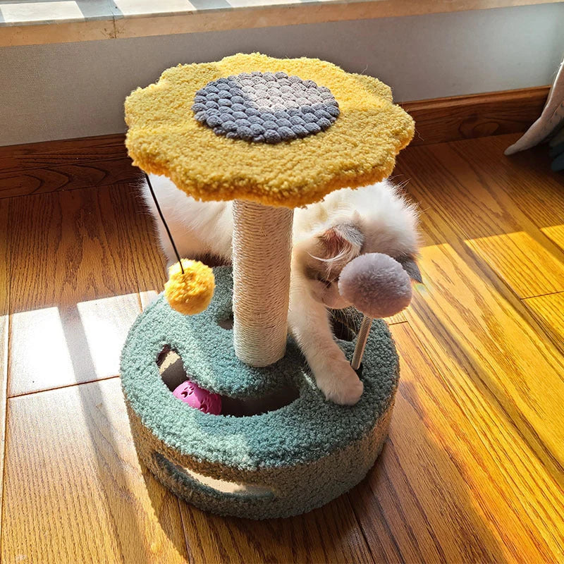 Cat Scratching Rod Six-Petal Sunflower Teddy Velvet & Built-In Teaser