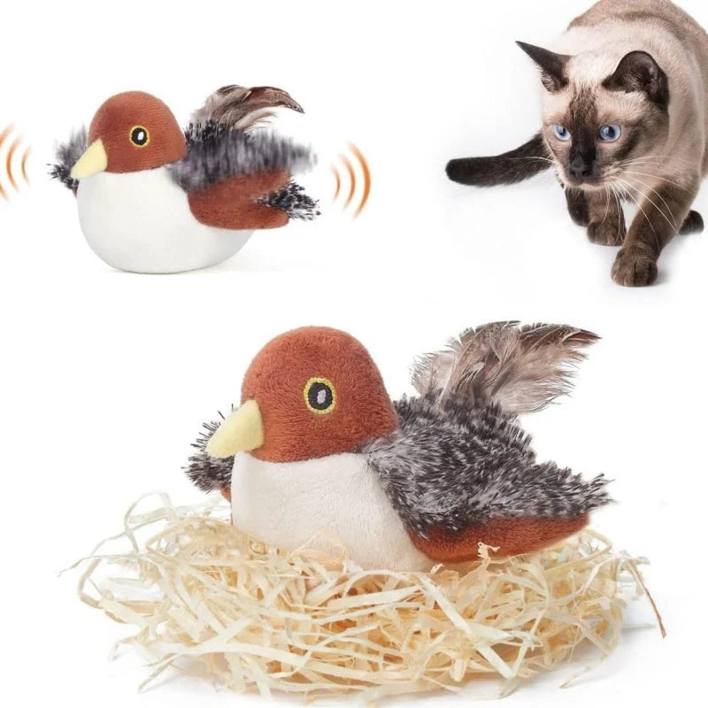 Cat Toy Realistic Bird Sounds Durable Plush No Batteries