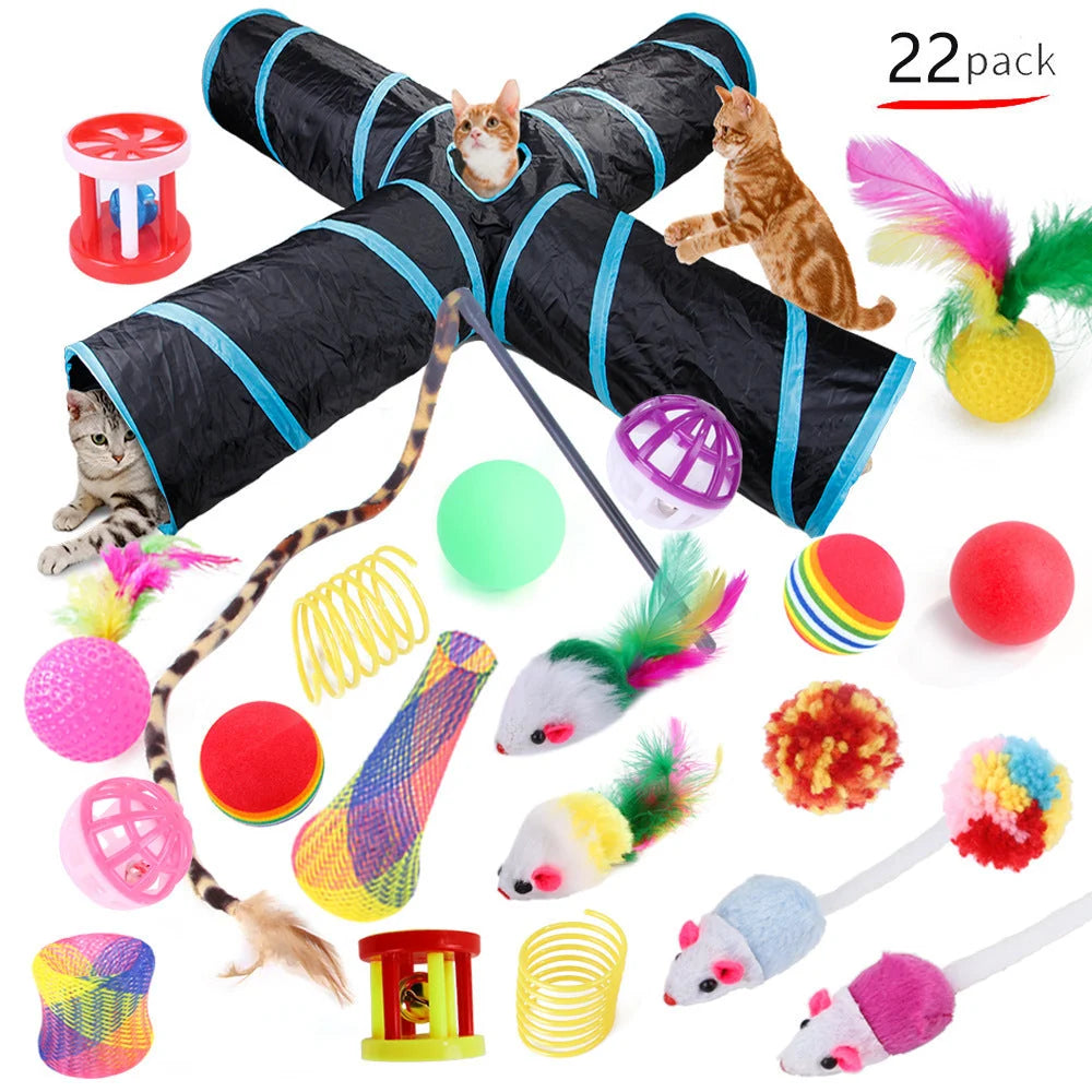 Cat Toy Set 22-Piece Foldable Tunnel & Feather Wands