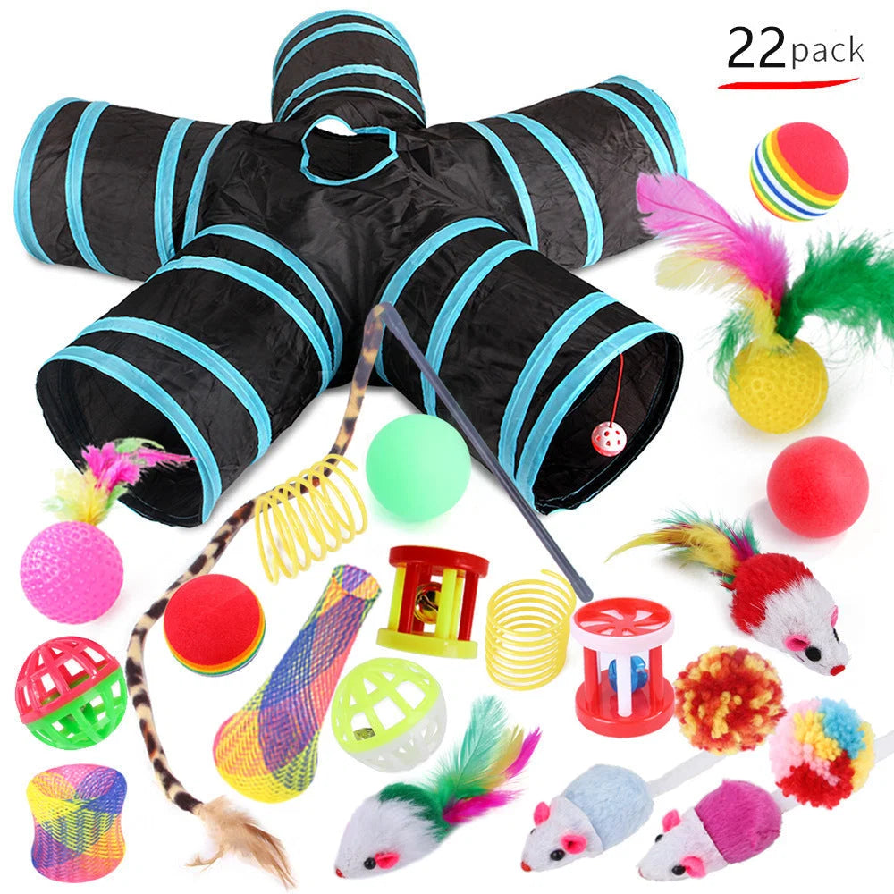 Cat Toy Set 22-Piece Foldable Tunnel & Feather Wands
