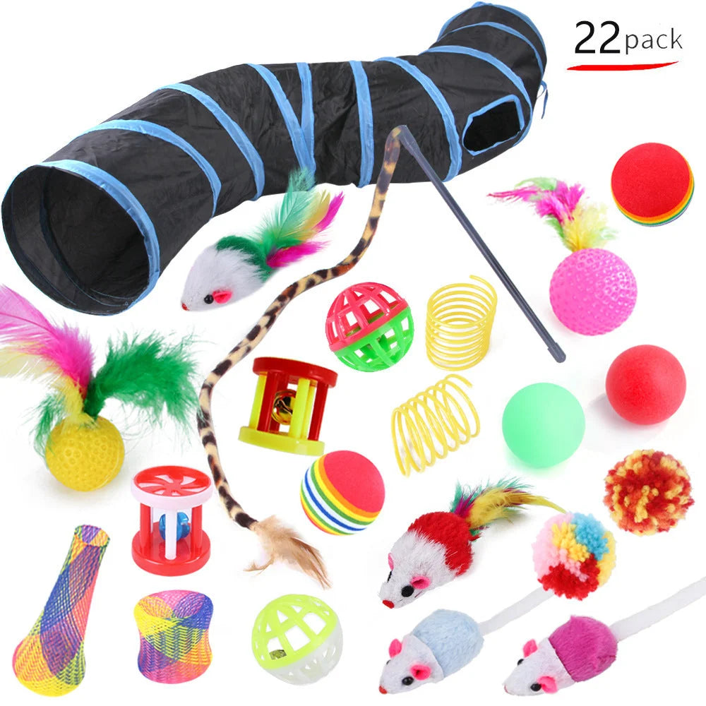 Cat Toy Set 22-Piece Foldable Tunnel & Feather Wands
