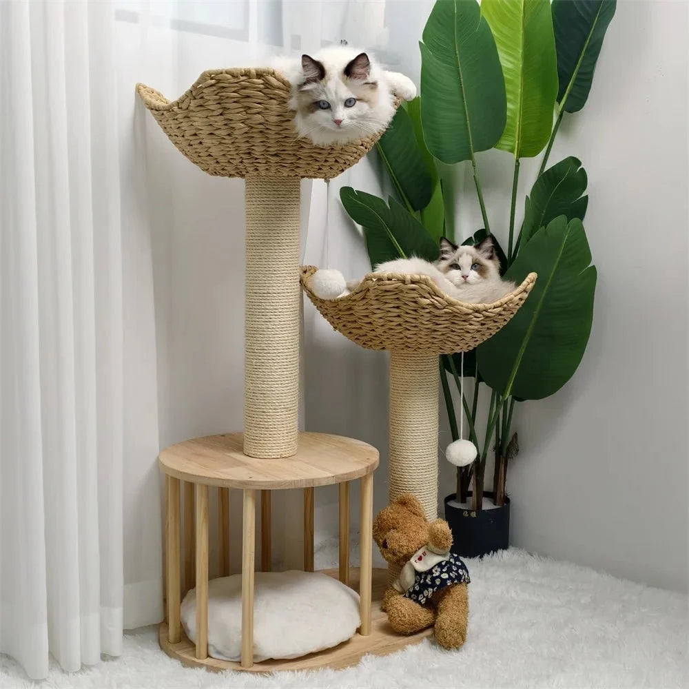 Cat Tree Solid Wood Sisal Scratching Posts Woven Baskets