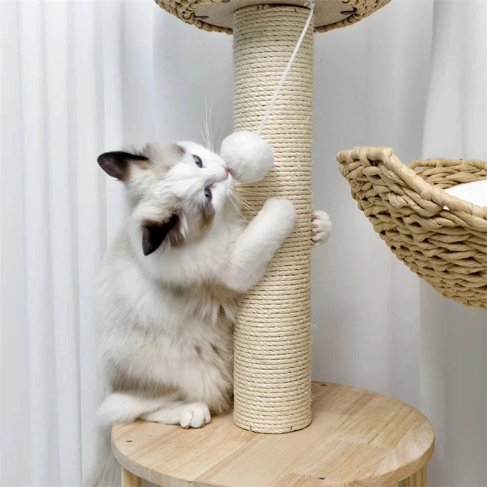 Cat Tree Solid Wood Sisal Scratching Posts Woven Baskets