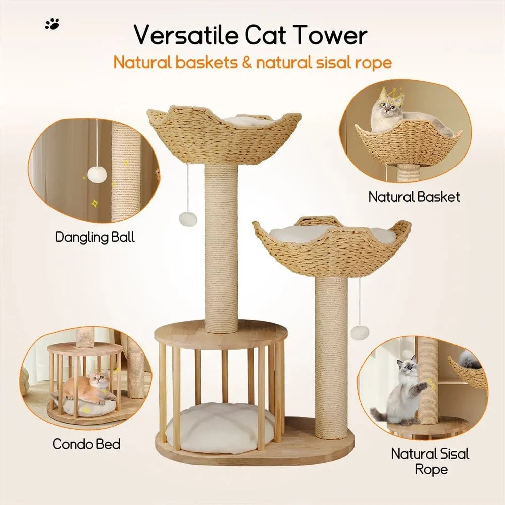 Cat Tree Solid Wood Sisal Scratching Posts Woven Baskets