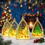 Cathedral Ornament Reindeer & Snowman Battery Powered LED Warm Light