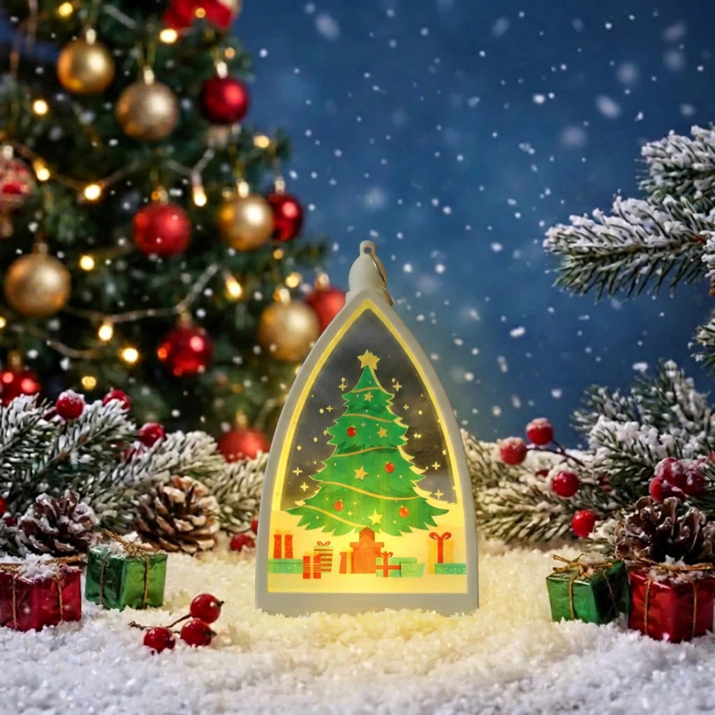 Cathedral Ornament Reindeer & Snowman Battery Powered LED Warm Light