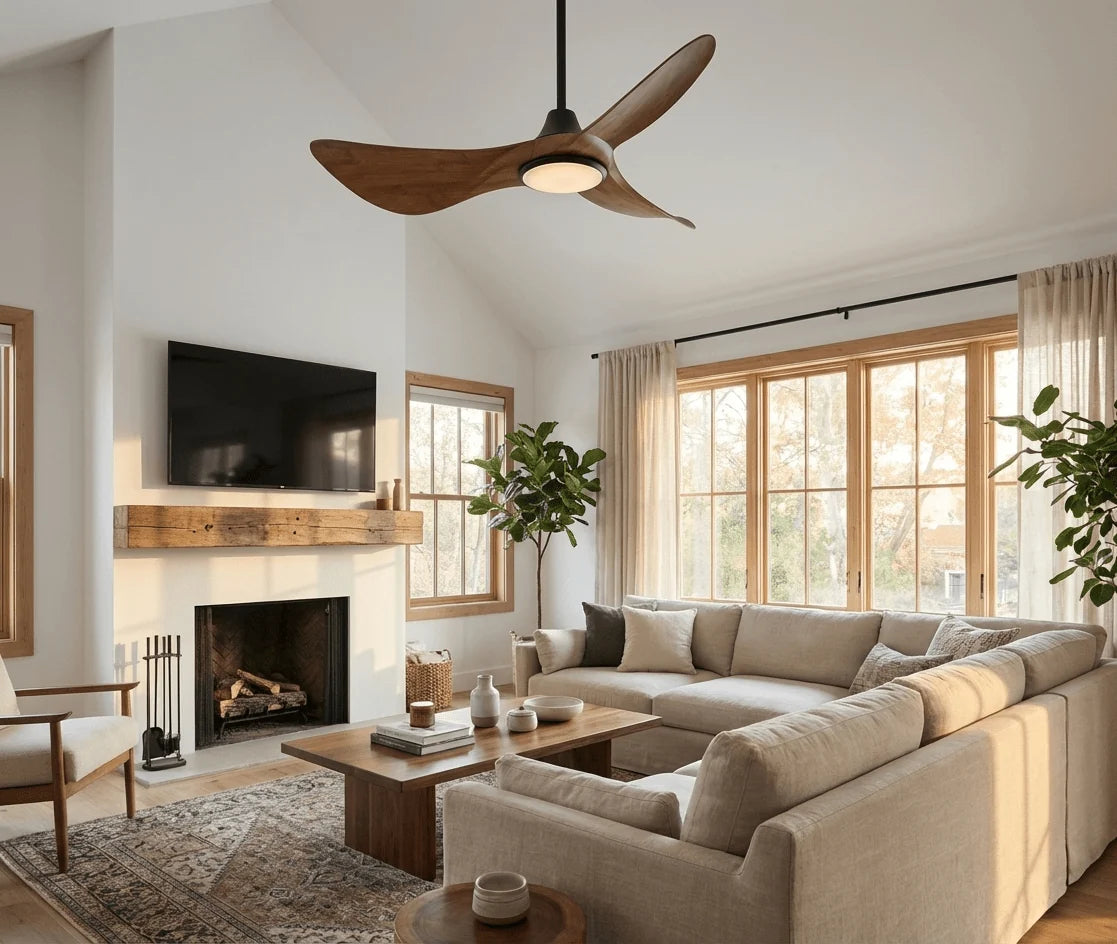 Ceiling Fan Hand-Carved Wood Blades Dimmable LED & Remote