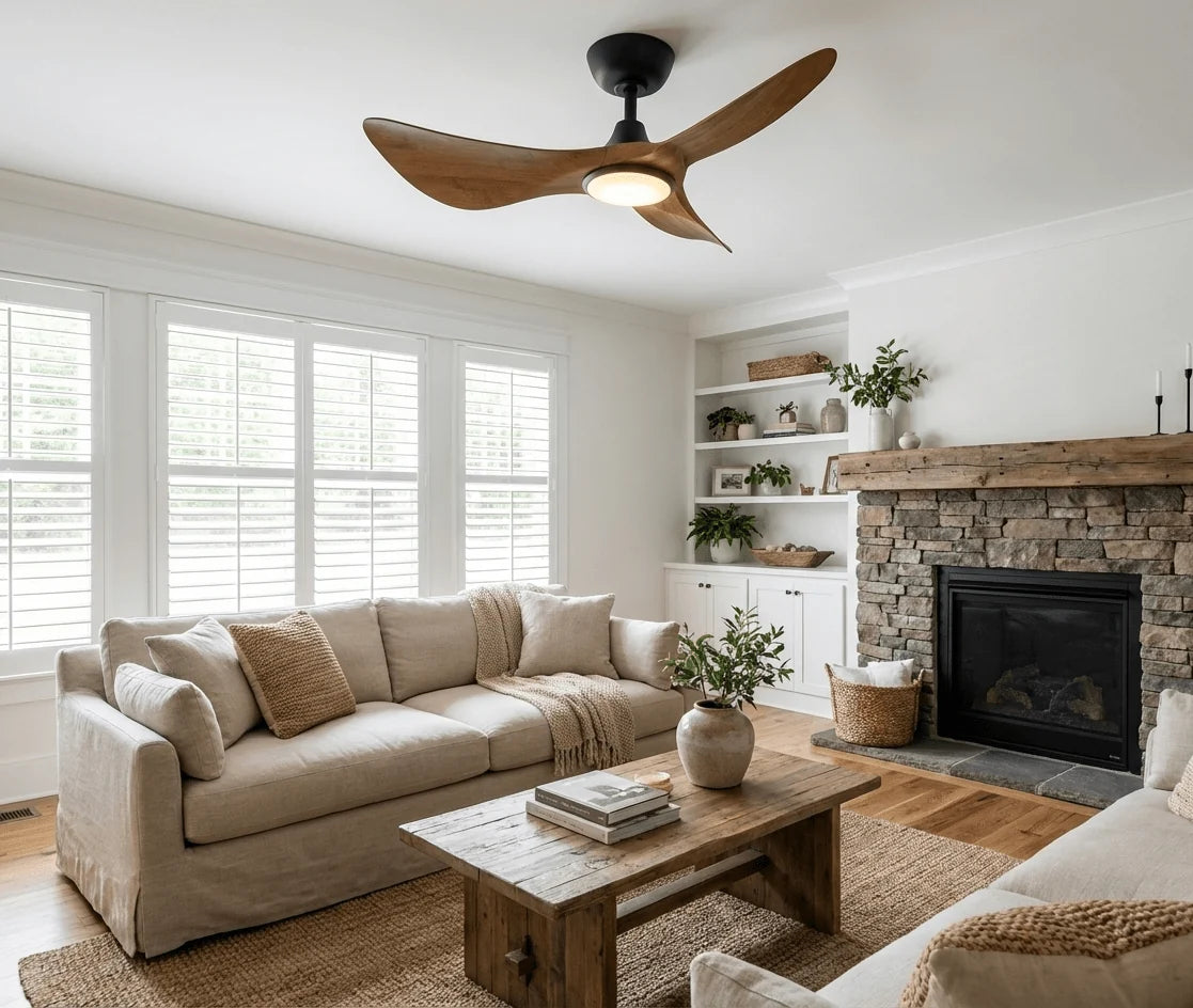 Ceiling Fan Hand-Carved Wood Blades Dimmable LED & Remote