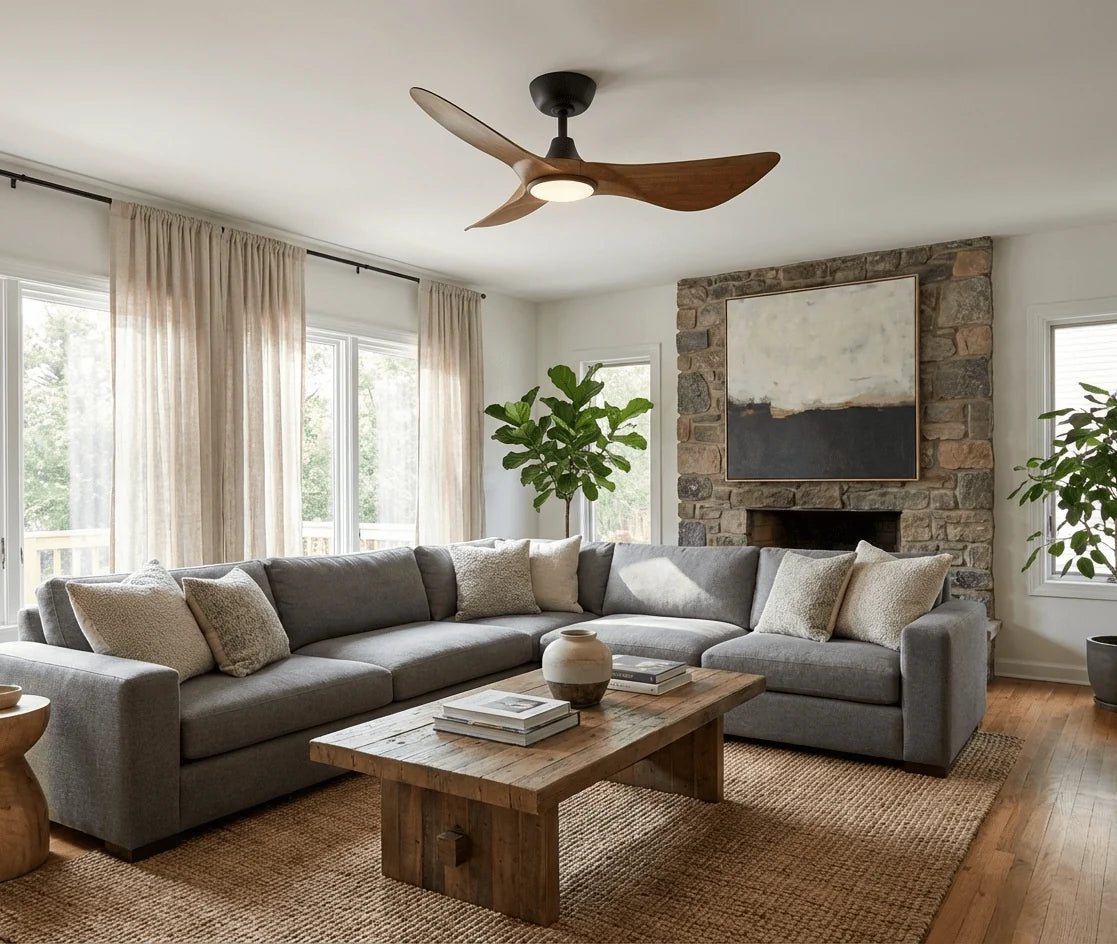 Ceiling Fan Hand-Carved Wood Blades Dimmable LED & Remote