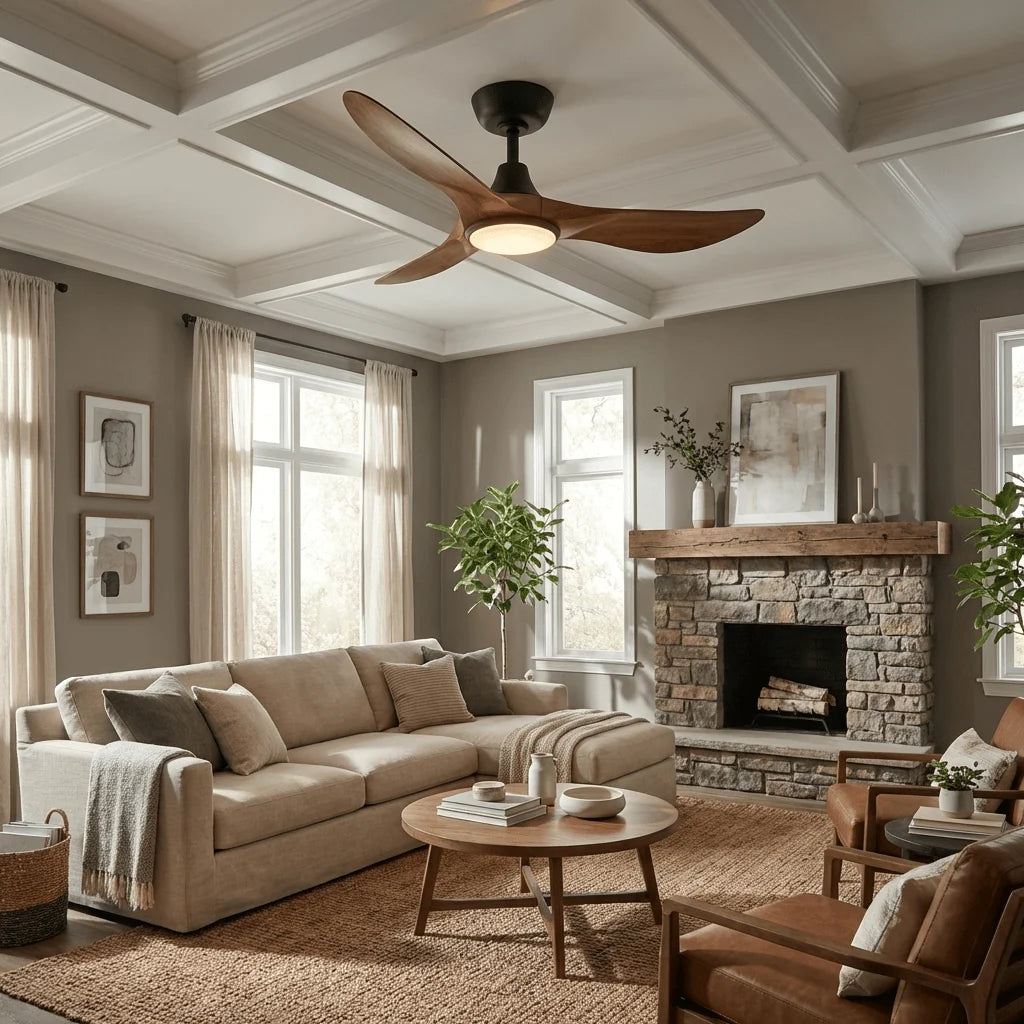 Ceiling Fan Hand-Carved Wood Blades Dimmable LED & Remote