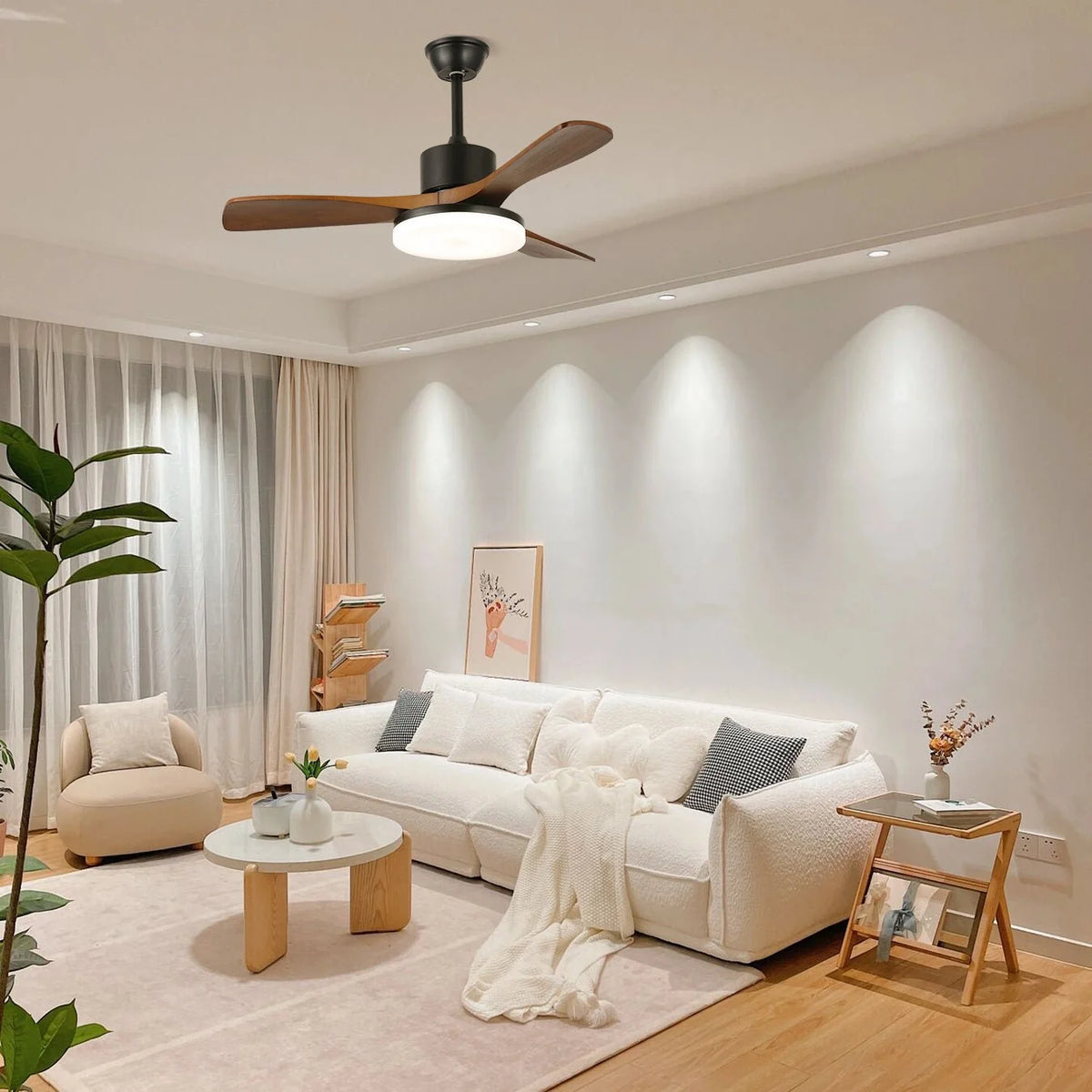 Ceiling Fan Light Dimmable LED & Remote Wood Blades