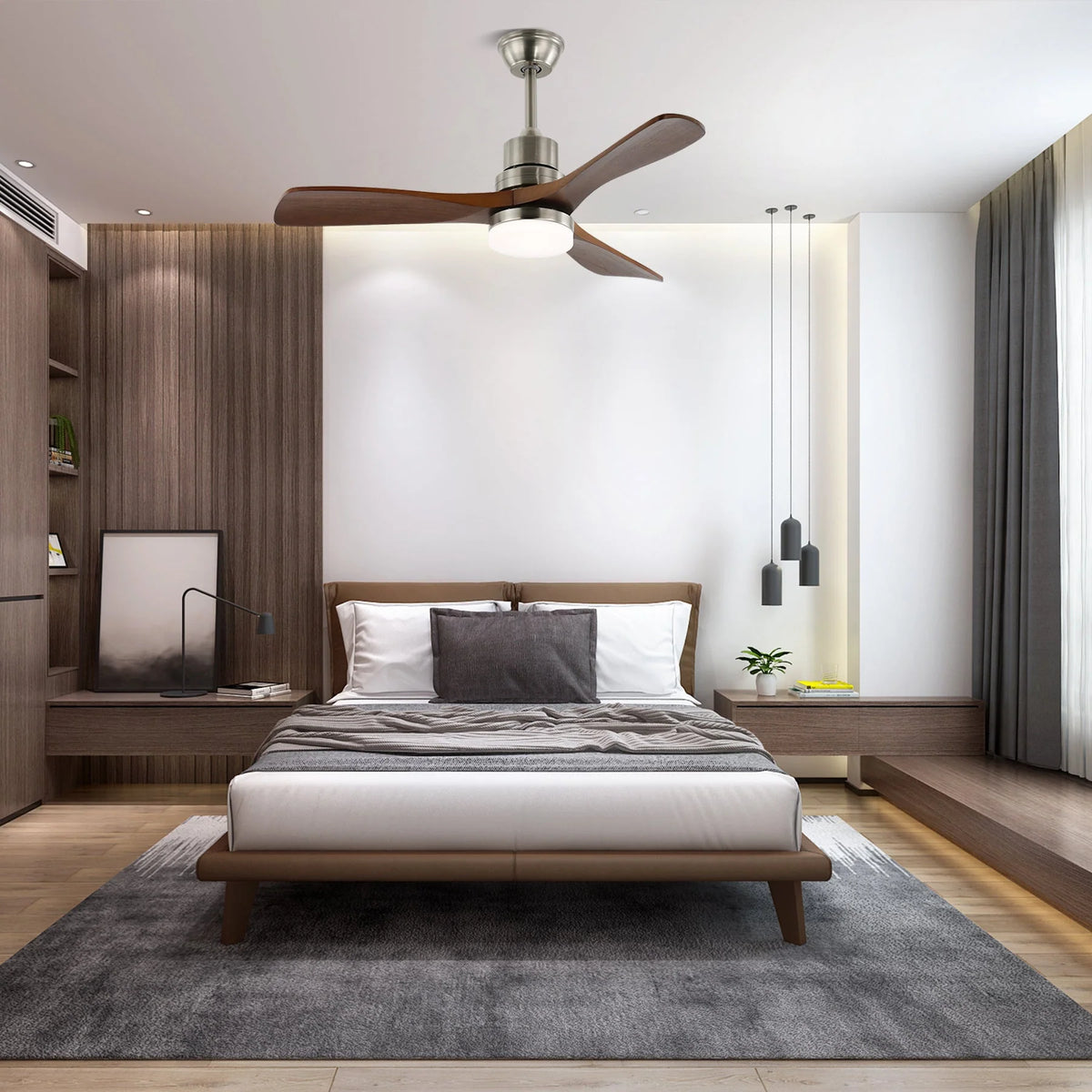 Ceiling Fan Natural Wood Blades Integrated LED 6-Speed Remote