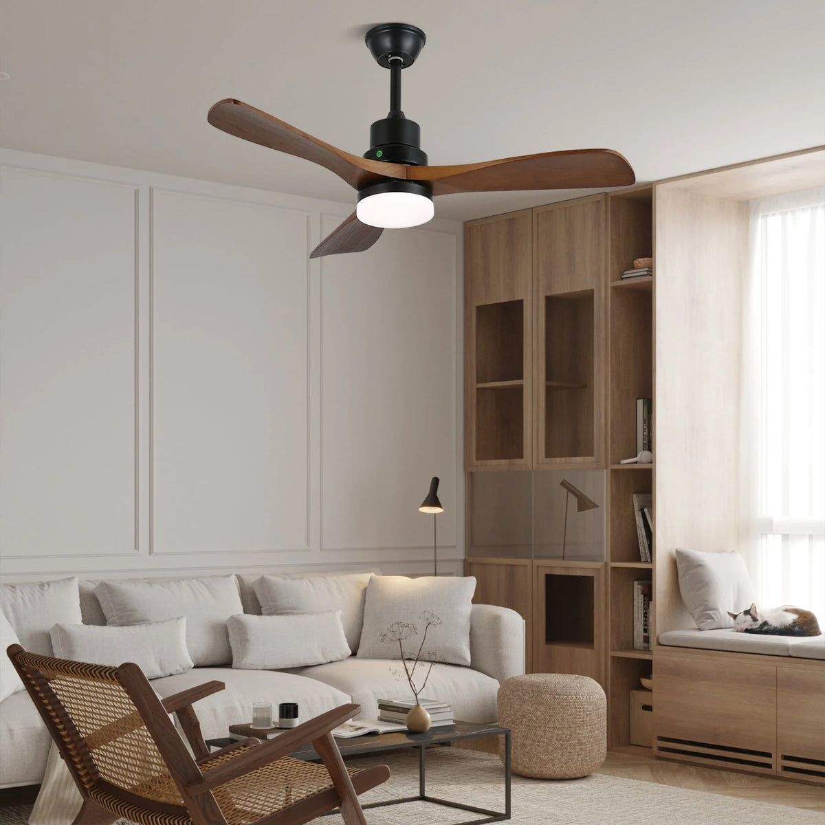 Ceiling Fan Natural Wood Blades Integrated LED 6-Speed Remote
