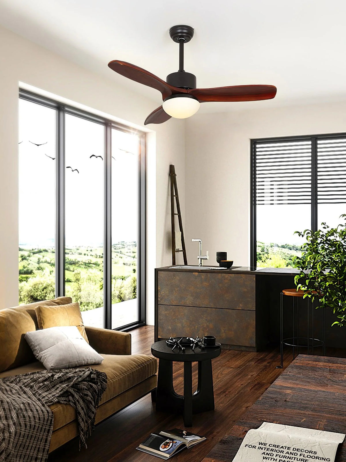 Ceiling Fan With Integrated LED Wooden Blades & Remote