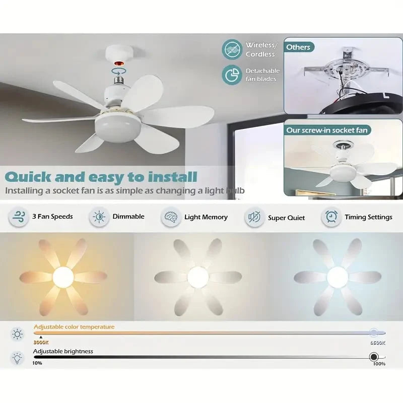 Ceiling Fan With Light Screw-In E27 Remote & Night Light