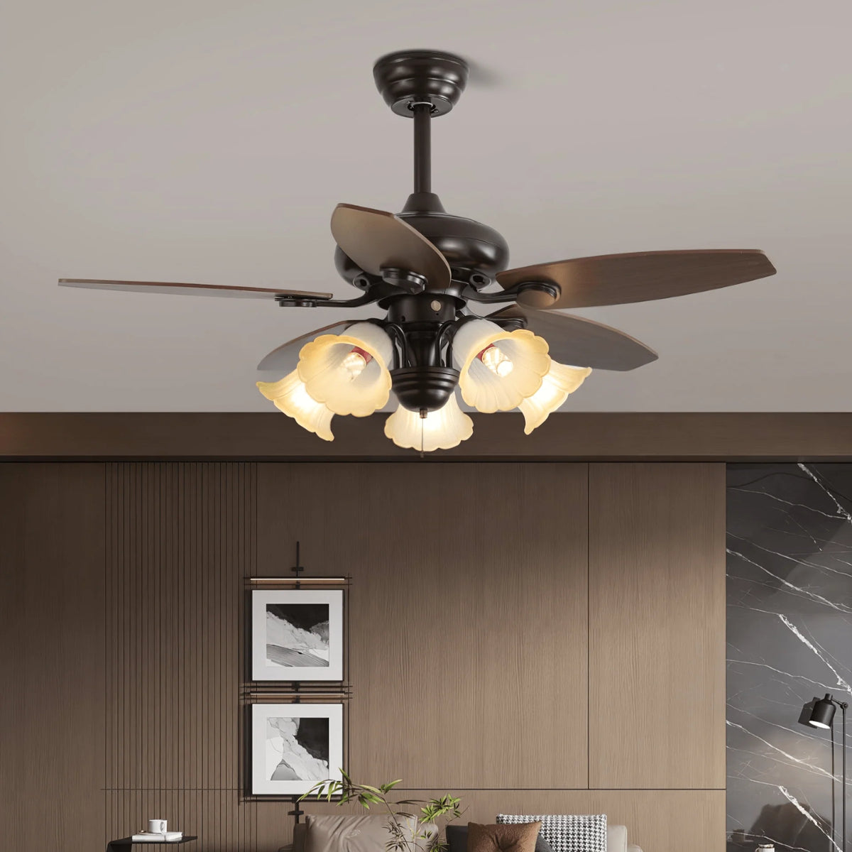 Ceiling Fan Wood Blades Dimmable Light & Remote