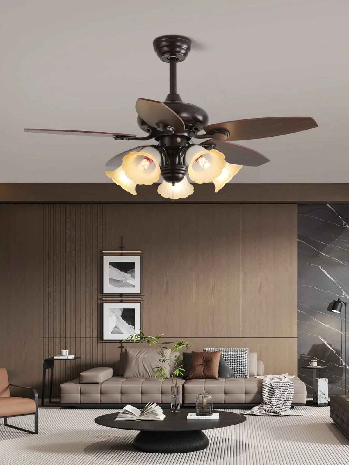 Ceiling Fan Wood Blades Dimmable Light & Remote
