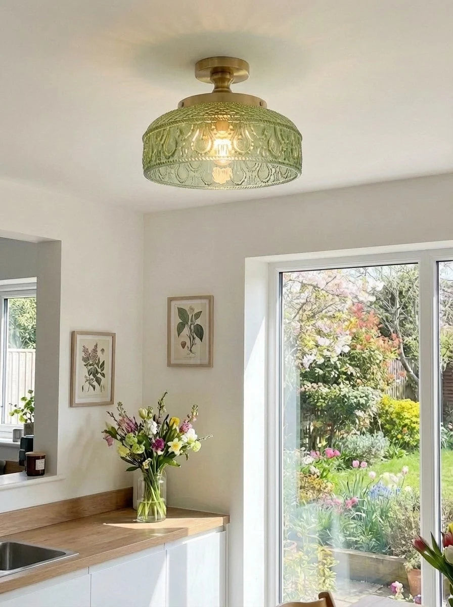Ceiling Lamp 30.5 cm Ribbed Glass Metal Frame