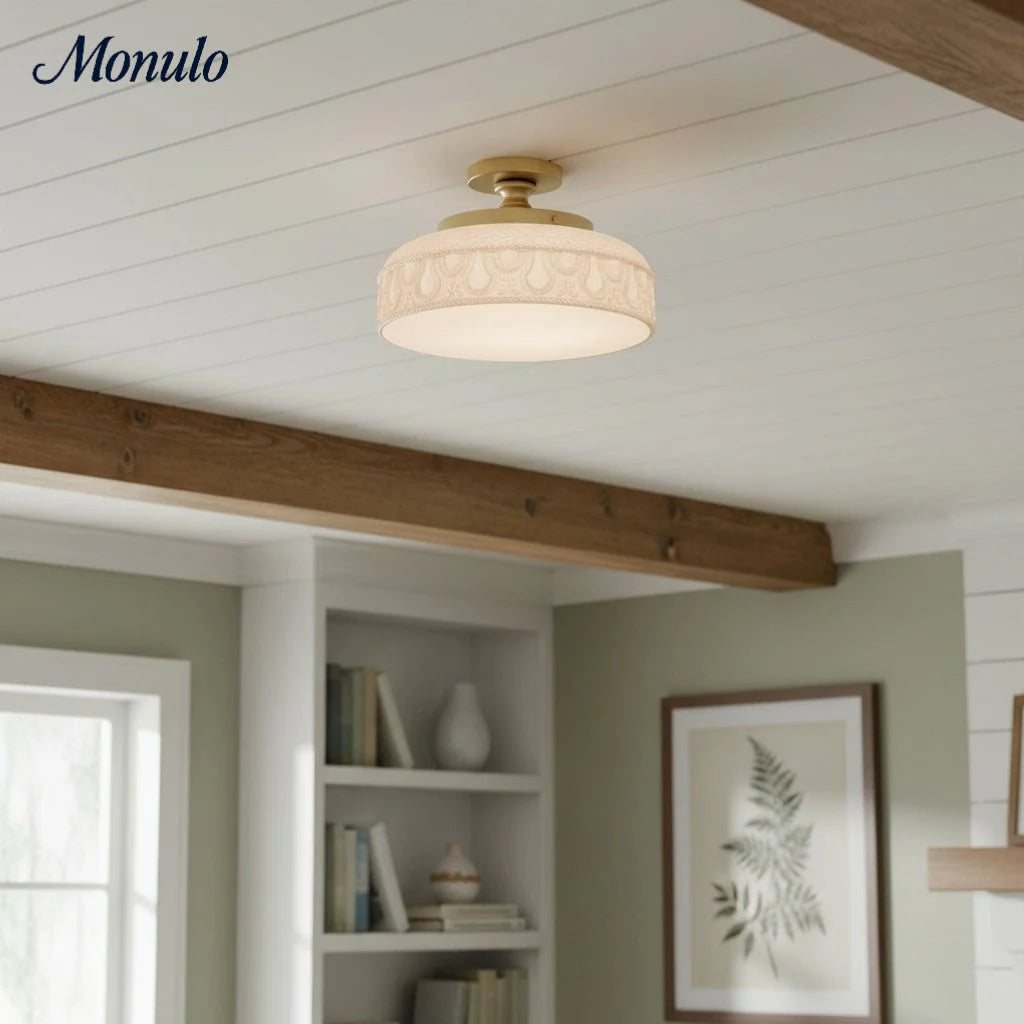 Ceiling Lamp 30.5 cm Ribbed Glass Metal Frame