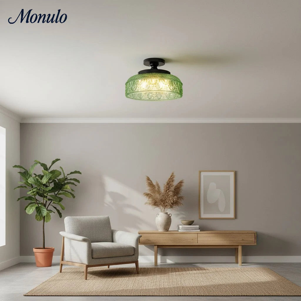 Ceiling Lamp 30.5 cm Ribbed Glass Metal Frame