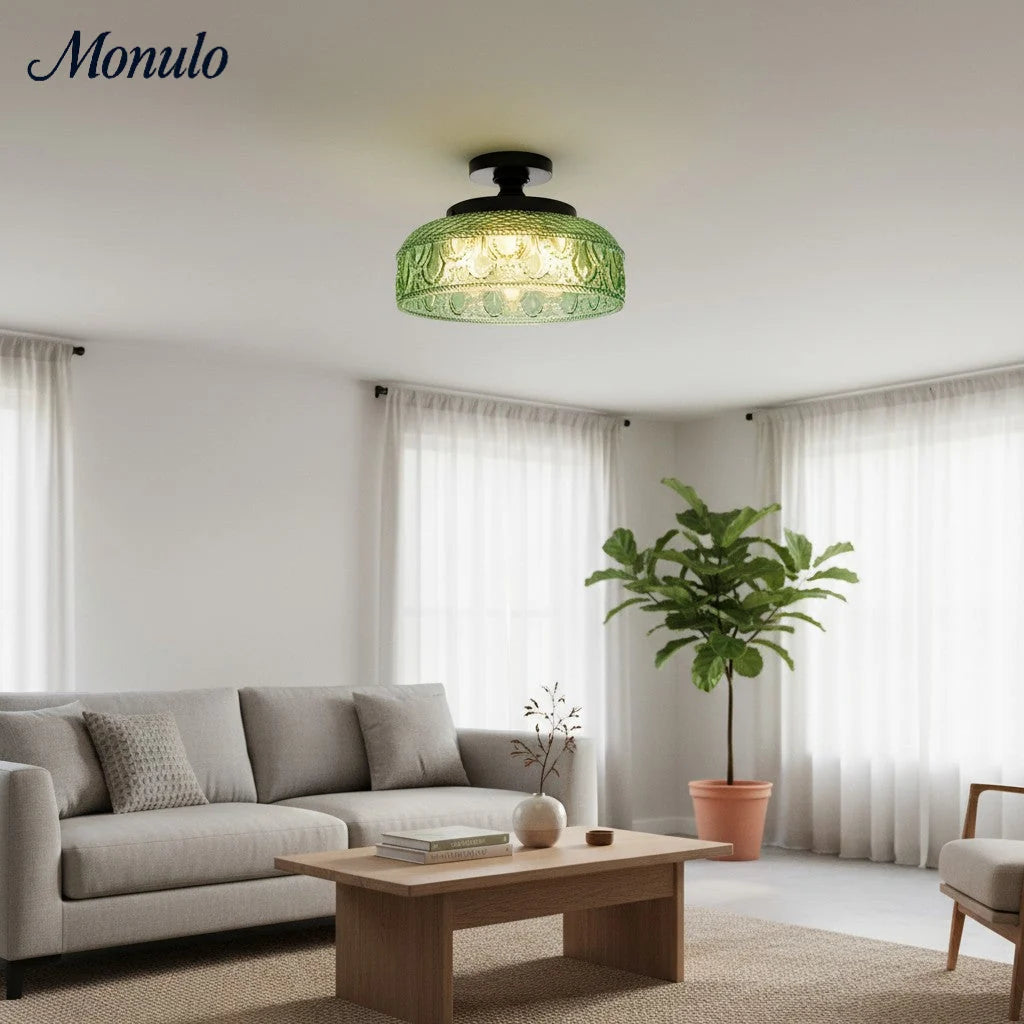 Ceiling Lamp 30.5 cm Ribbed Glass Metal Frame