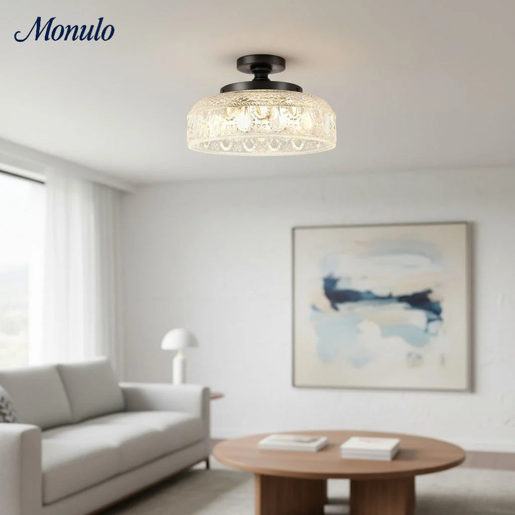 Ceiling Lamp 30.5 cm Ribbed Glass Metal Frame