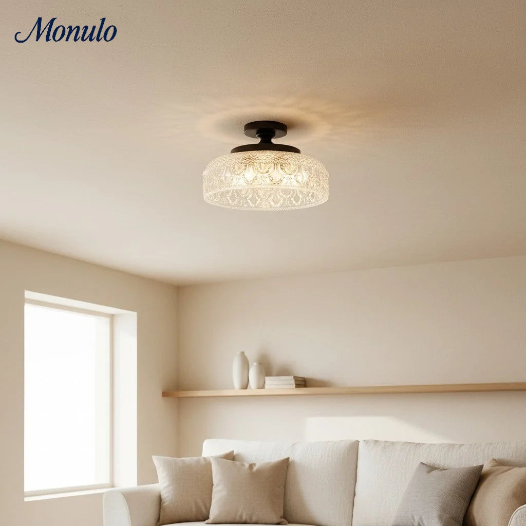 Ceiling Lamp 30.5 cm Ribbed Glass Metal Frame