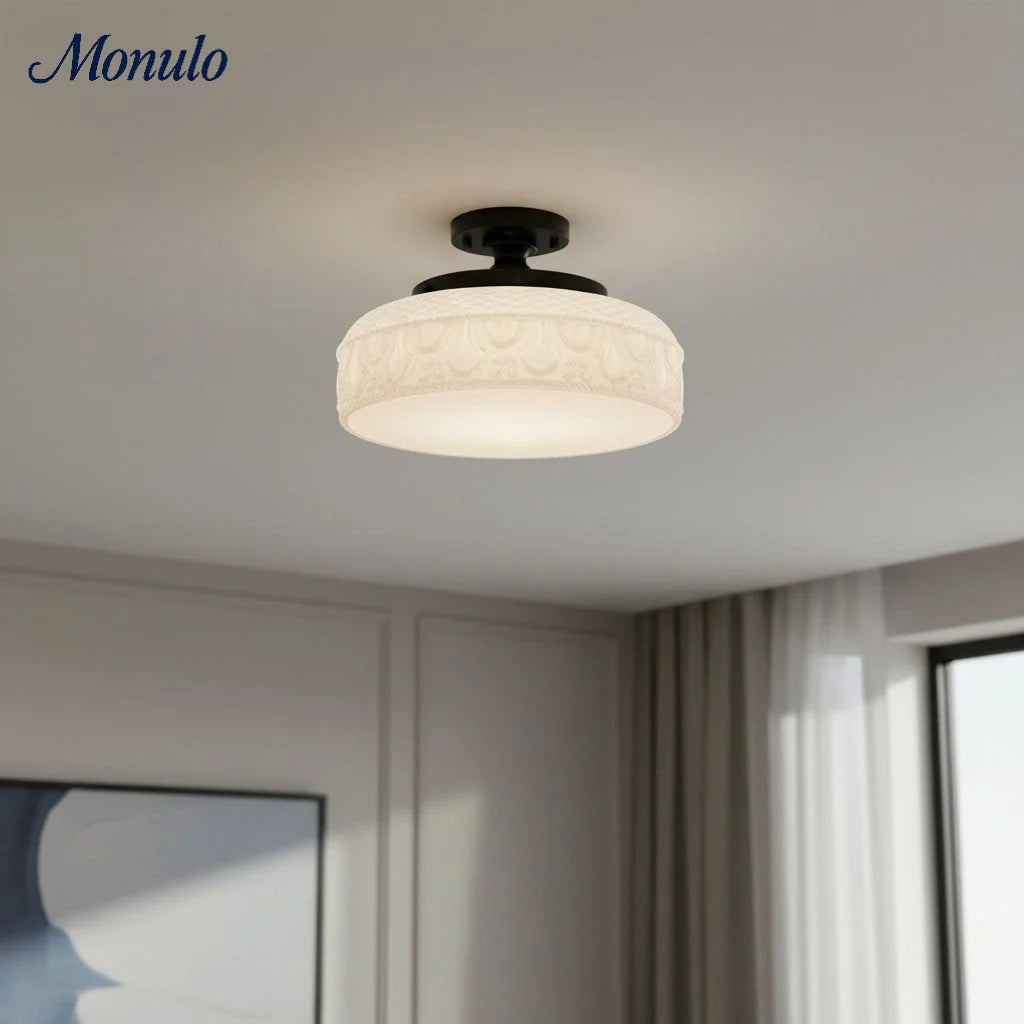 Ceiling Lamp 30.5 cm Ribbed Glass Metal Frame