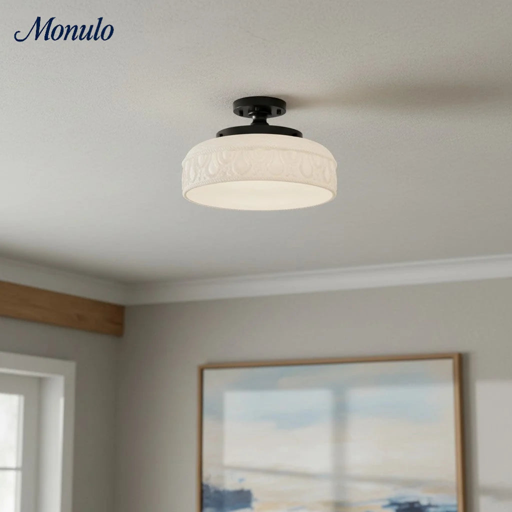 Ceiling Lamp 30.5 cm Ribbed Glass Metal Frame