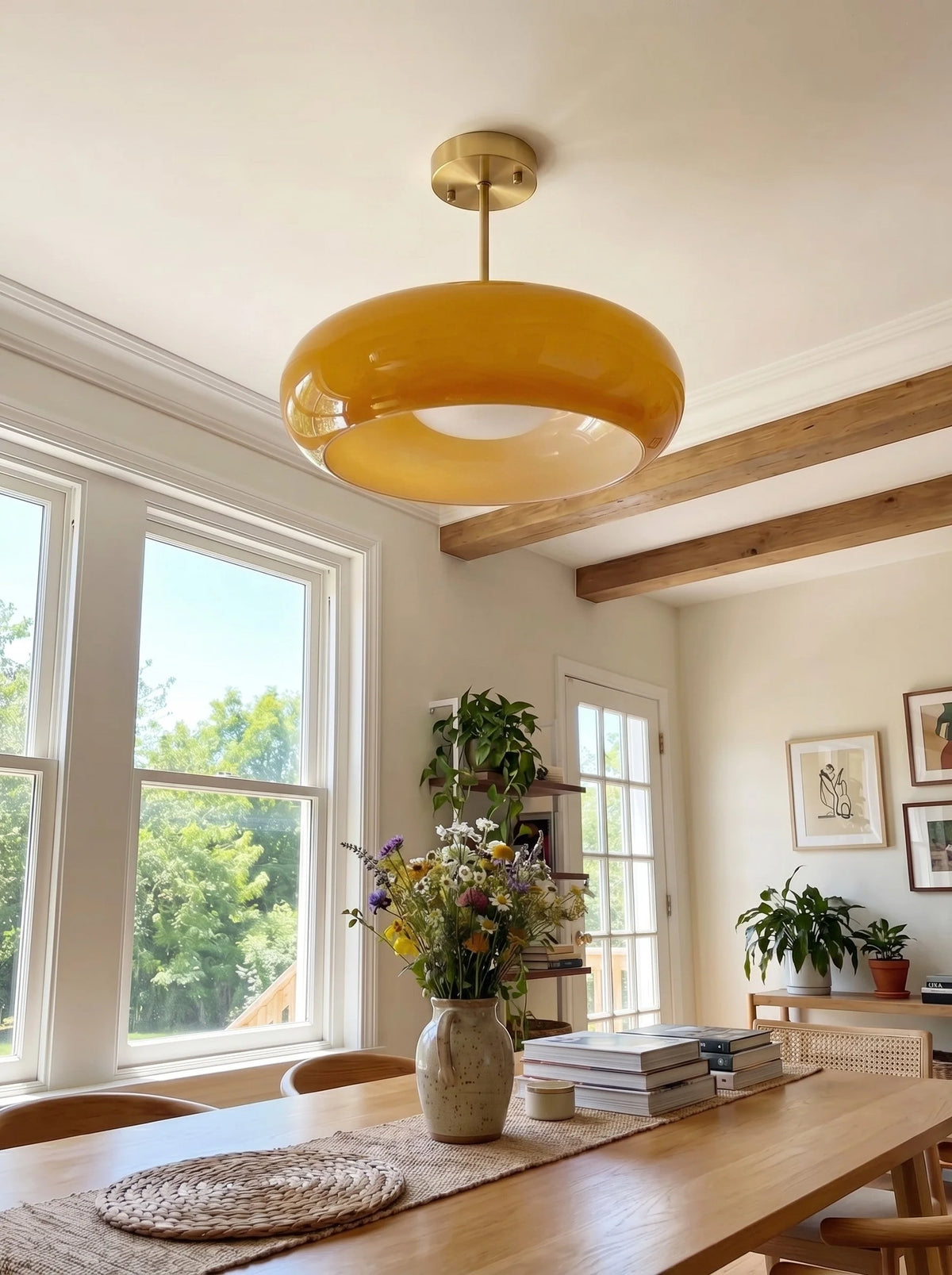 Ceiling Lamp Bauhaus Glass Disc Brass & Chrome
