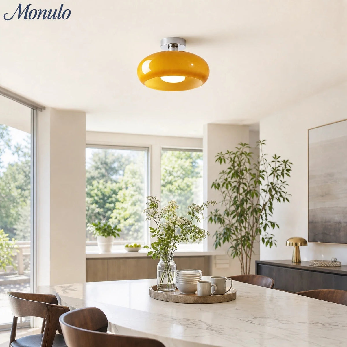 Ceiling Lamp Bauhaus Glass Disc Brass & Chrome