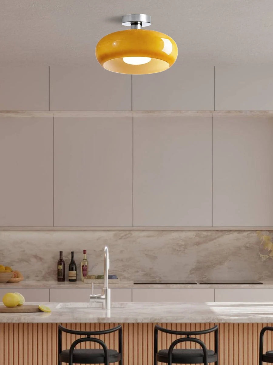 Ceiling Lamp Bauhaus Glass Disc Brass & Chrome
