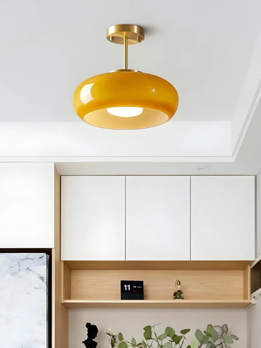 Ceiling Lamp Bauhaus Glass Disc Brass & Chrome
