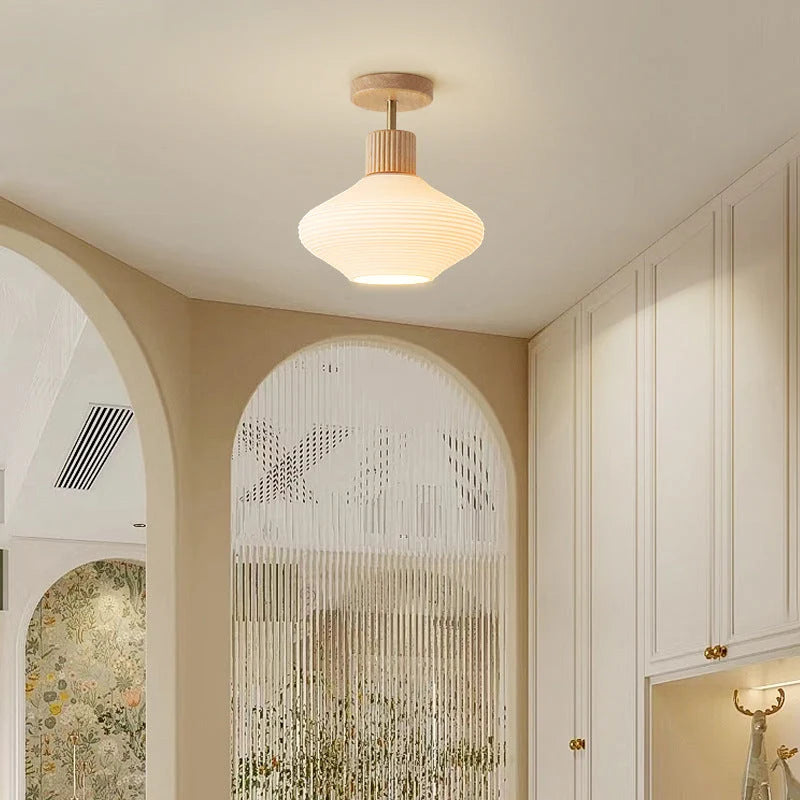 Ceiling Lamp Japandi Semi-Flush Solid Wood & Glass
