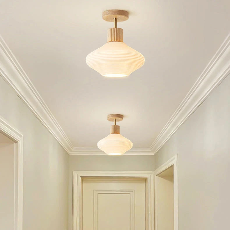 Ceiling Lamp Japandi Semi-Flush Solid Wood & Glass