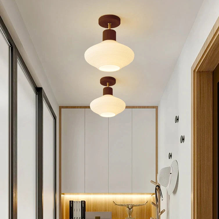Ceiling Lamp Japandi Semi-Flush Solid Wood & Glass