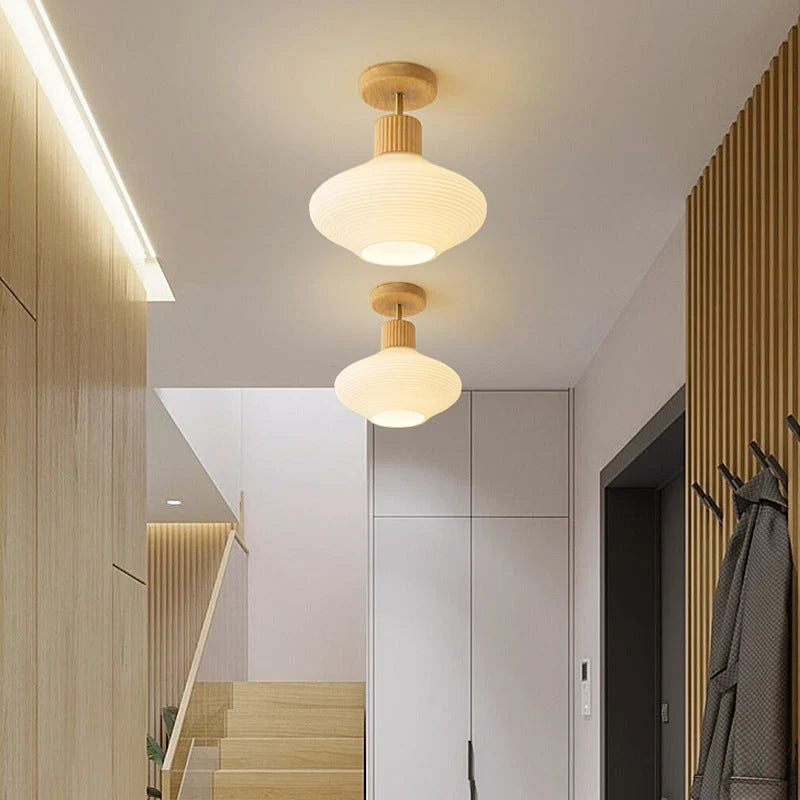 Ceiling Lamp Japandi Semi-Flush Solid Wood & Glass