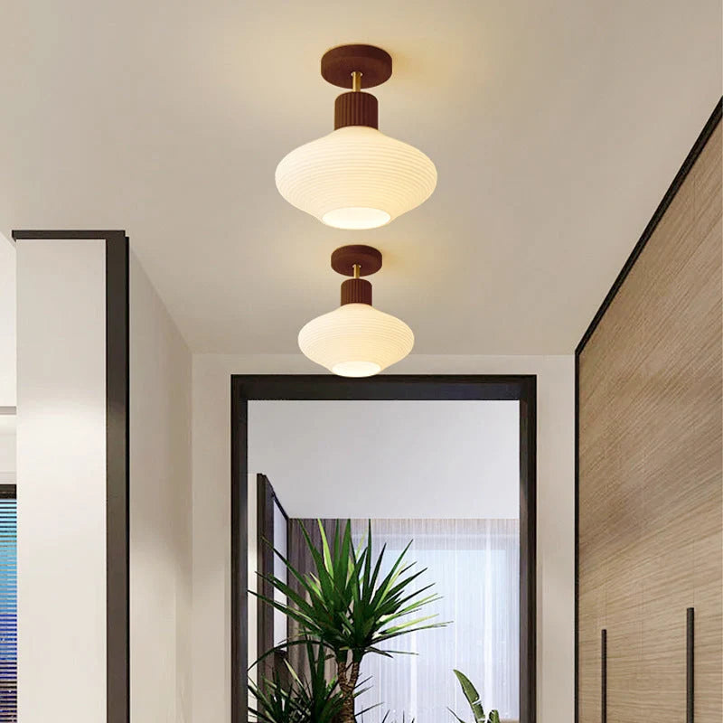 Ceiling Lamp Japandi Semi-Flush Solid Wood & Glass