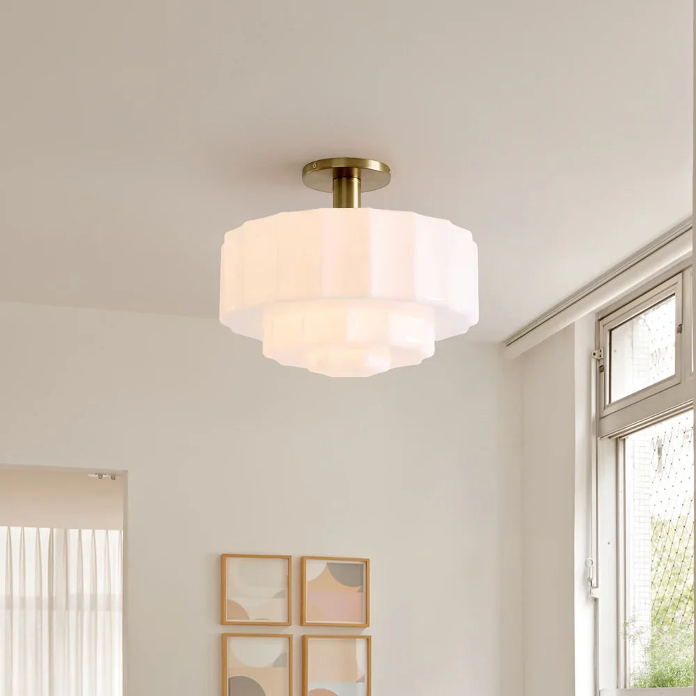 Ceiling Lamp Layered Textured Milk Glass Brass Base
