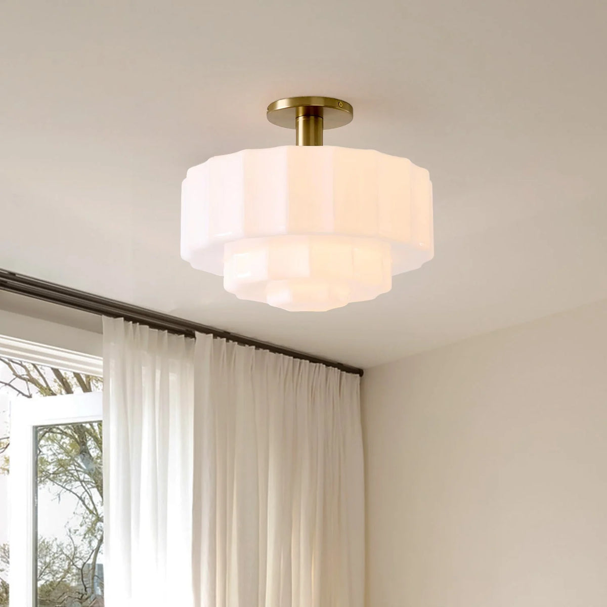 Ceiling Lamp Layered Textured Milk Glass Brass Base